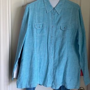 Chico’s Turquoise and White plaid, long sleeve